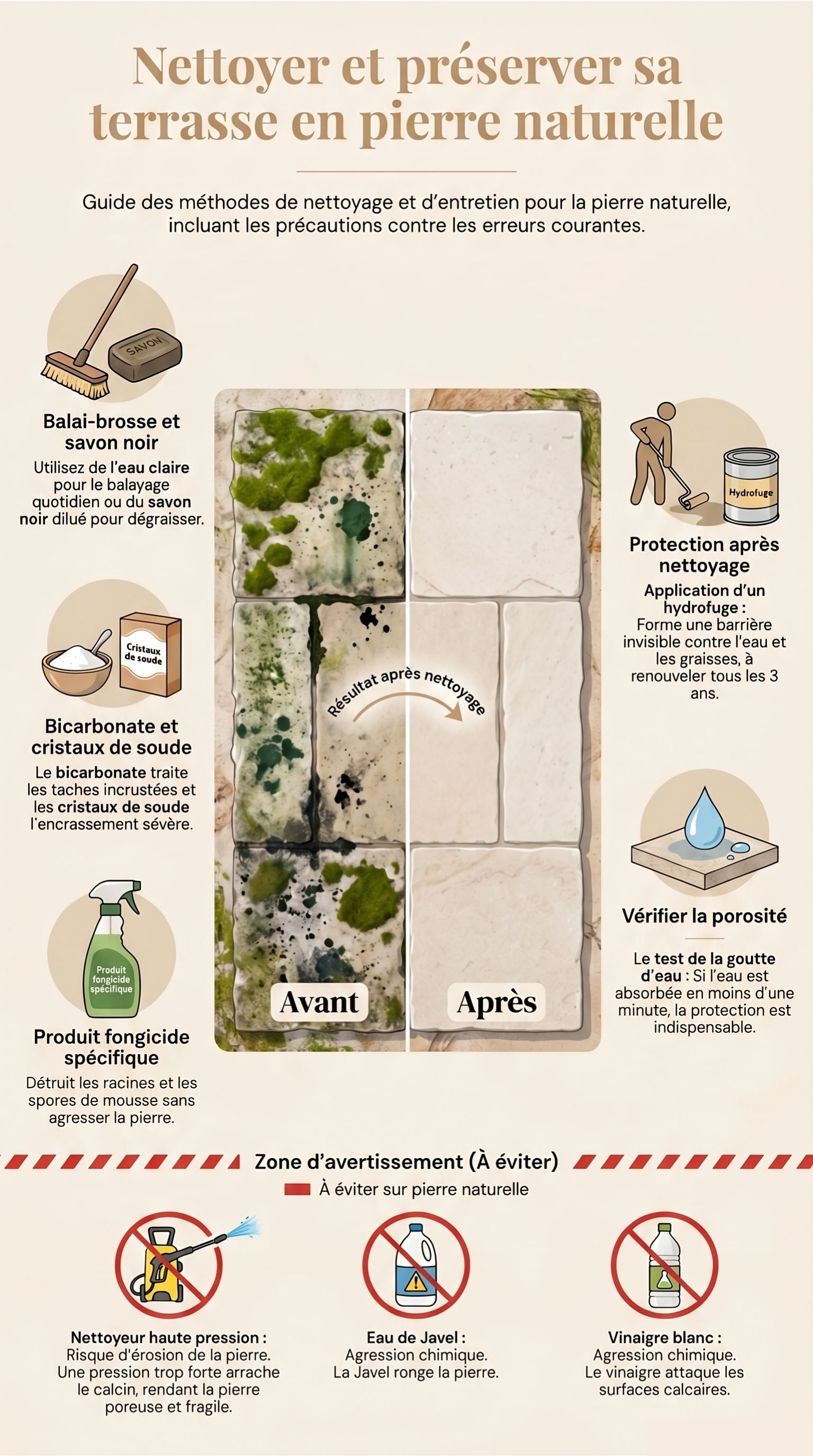 infographie : nettoyer une terrasse en pierre pas à pas